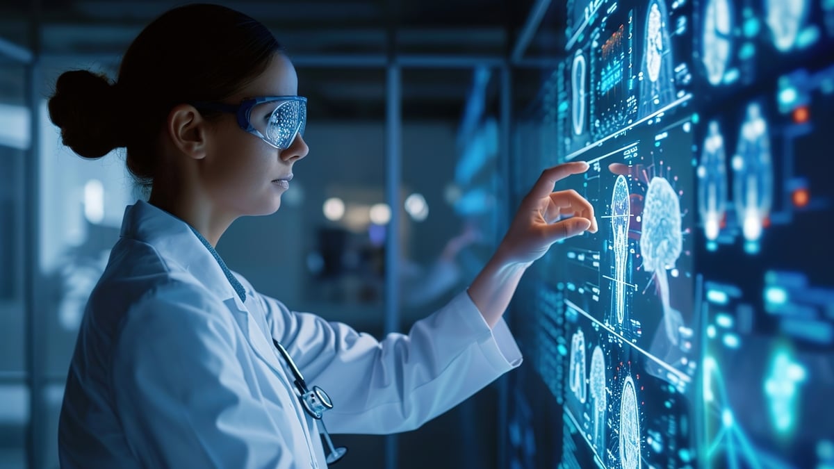 A healthcare doctor stands in front of a magnetic resonance imaging scan