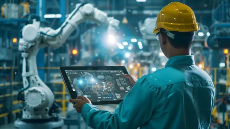 Robot Arm AI Manufacturing Technican Tablet